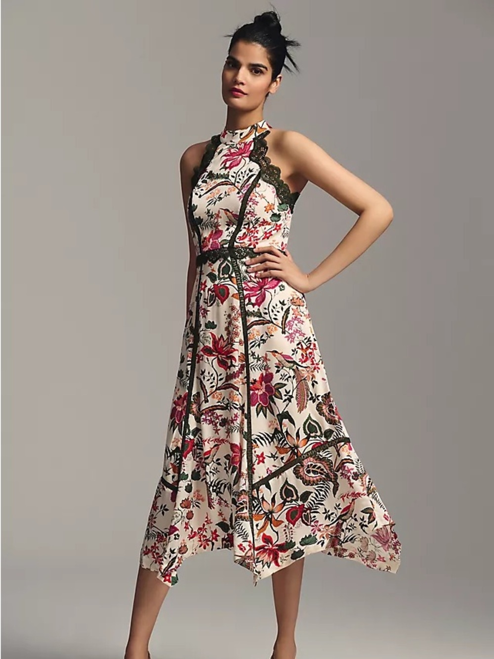 By Anthropologie Green Lace-Trim Ivory Birds & Paisley A-Line Dress Reg $225.00